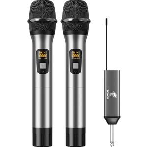 TONOR Wireless Microphone, UHF Dual Cordless Metal Dynamic Mic System with Rechargeable Receiver, for Karaoke Singing, Wedding, DJ, Party, Speech, Church, Class Use, 200ft (TW630), Gray (Silver)