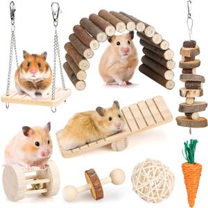 Hamster Chew Toys Set Small Animal Molar Toys Teeth Care Wooden Accessories for Guinea Pigs,Chinchillas,Gerbils,Mice,Rats,Mouse Rodents Toy Swing Seesaw Bridge (Wood)