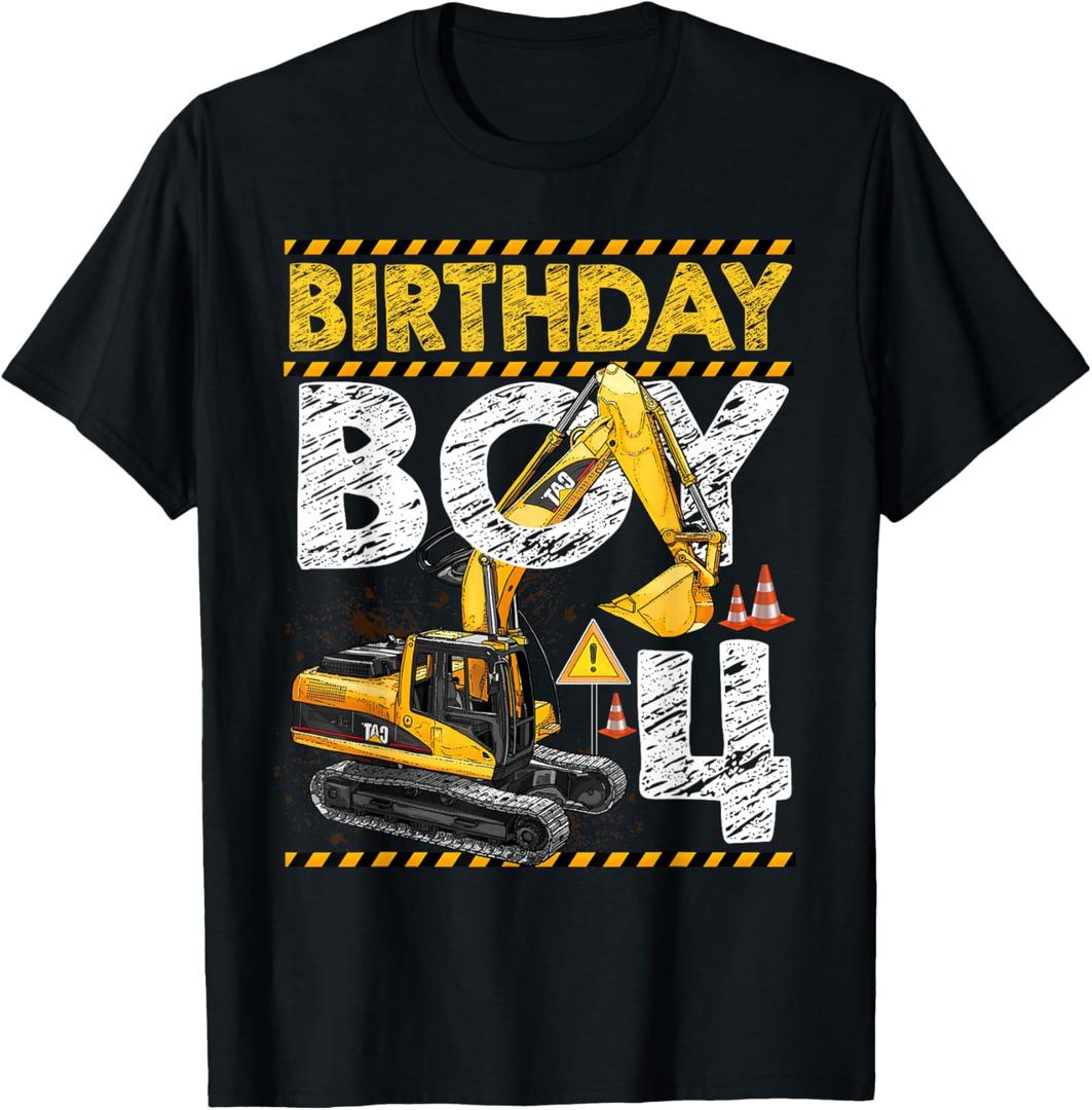 Birthday Boy 4 Construction 4th Birthday Excavator T-Shirt (Small, Black)