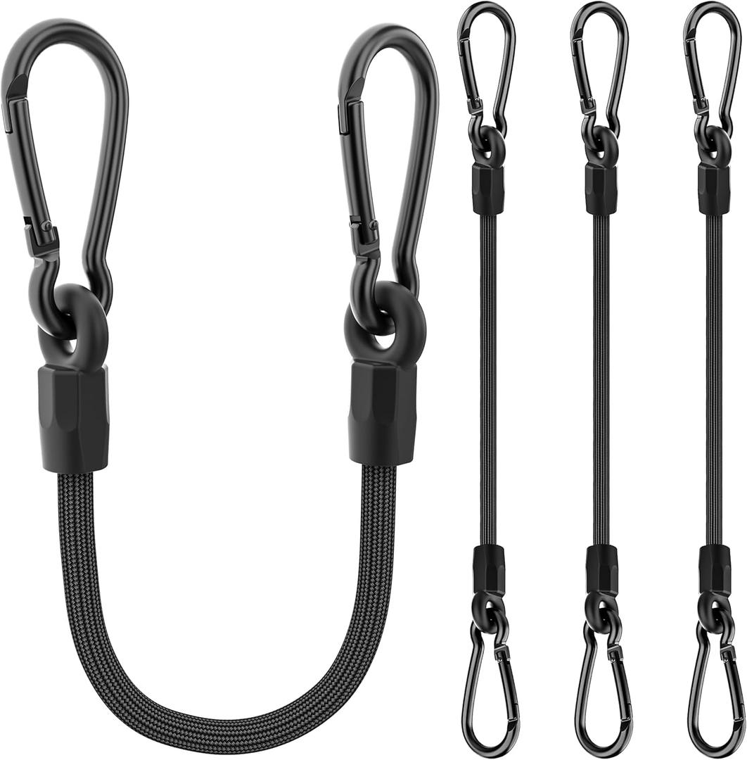 Bungee Cords with Carabiner, 18 Inch Long Heavy Duty Bungee Cords with Carabiner Clip Outdoor, 1/3 Inch Black Extra Strong Elastic Rope with Carabiner Hooks for Camping, Tarps, Bike Rack, Tent, 4 Pack