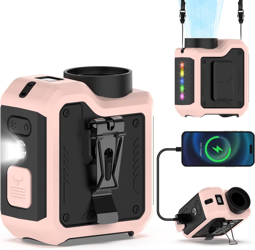 7-in-1 Portable Turbo Fan,Personal Wearable Waist Fan with Clip,Hands-Free Flashlight & More,Powerful Cooling,24H Runtime,LED Display,10000mAh Rechargeable,4 Speeds,Birthday Gifts for Men Dad (Pink)