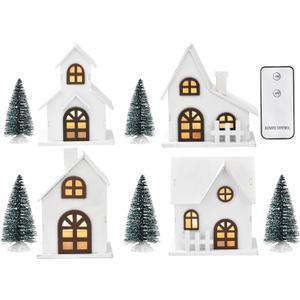 Wood & Plastic Christmas Sculpture Set, 9pcs, Including 4 LED Lighted Houses and 5 Frosted Trees for Tabletop Mantel Dcor