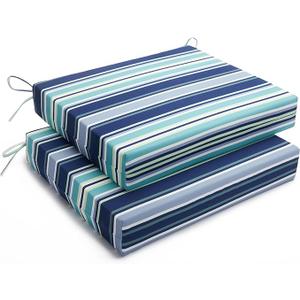 Basic Beyond Outdoor Chair Cushions Set of 2, Square Corner Outdoor Cushions for Patio Furniture, Water Resistant Patio Chair Cushions with 2 Ties, 18.5x16x3, Pinstriped Blue