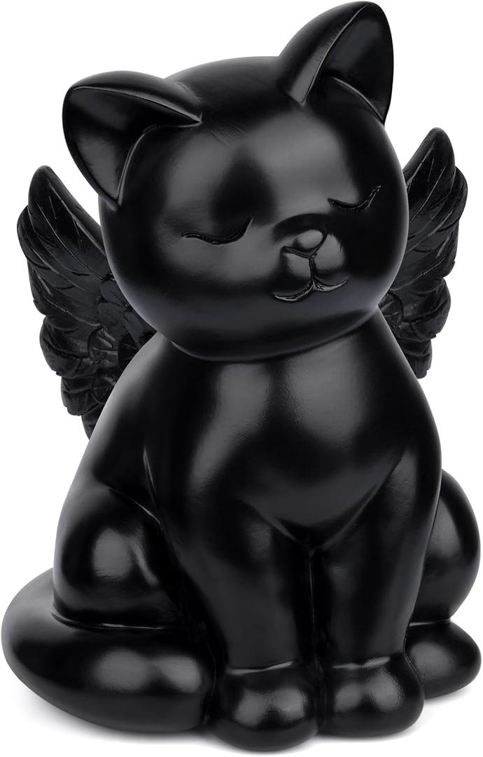 Black Cat Urn for Ashes - Sleeping Angel Memorial Figurine, Cremation Funeral Statue for Pet Lovers