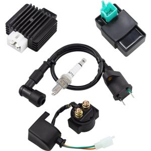Ignition Coil Relay Voltage Regulator 5-PIN CDI Box Spark Plug Kits Fit for 49CC 50CC 70CC 90CC 110CC 125CC ATV Dirt Bike Go Kart TaoTao SUNL Kymco Kazuma Meerkat Coolster Etc.(Set of 5)