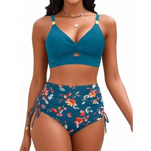High Waisted Bikini - Two Piece Swimsuit for Women Tummy Control Modest Bathing Suit 2025 Cutout Twist Swimwear (Large, Teal and Floral)