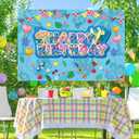 Happy Birthday Backdrop, 5x3ft Tropical Hawaiian Cartoon Theme Party Banner Blue and Pink Birthday Decorations Wall Decor for Kids Boys Girls Baby Shower Shower Summer Beach Party Supplies