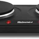 Elite Gourmet EDB302BF Countertop Double Cast Iron Burner, 1500 Watts Electric Hot Plate, Temperature Controls, Power Indicator Lights, Easy to Clean, Black