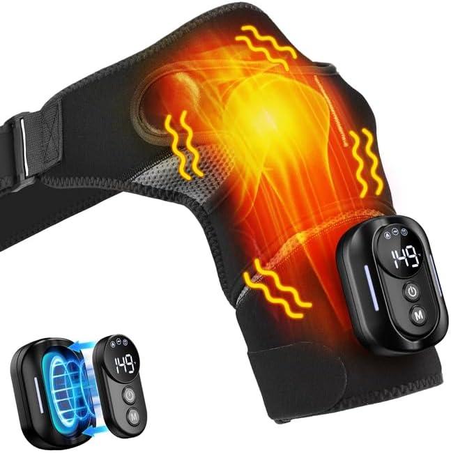 Cordless Shoulder Heating Pad with Massage for Frozen Shoulder Rotator Cuff Pain Relief,5000amh Battery Powered Detachable Controller Heated Massage with 5 Heats &Vibrations