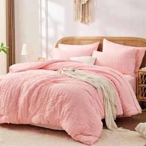 FUANNA Pink Queen Comforter Set 7 Pieces, Luxury Seersucker Bed in a Bag Queen Size for All Seasons, Soft Bedding Set with Comforter, Flat Sheet, Fitted Sheet, Pillowcases & Shams for Room Decor