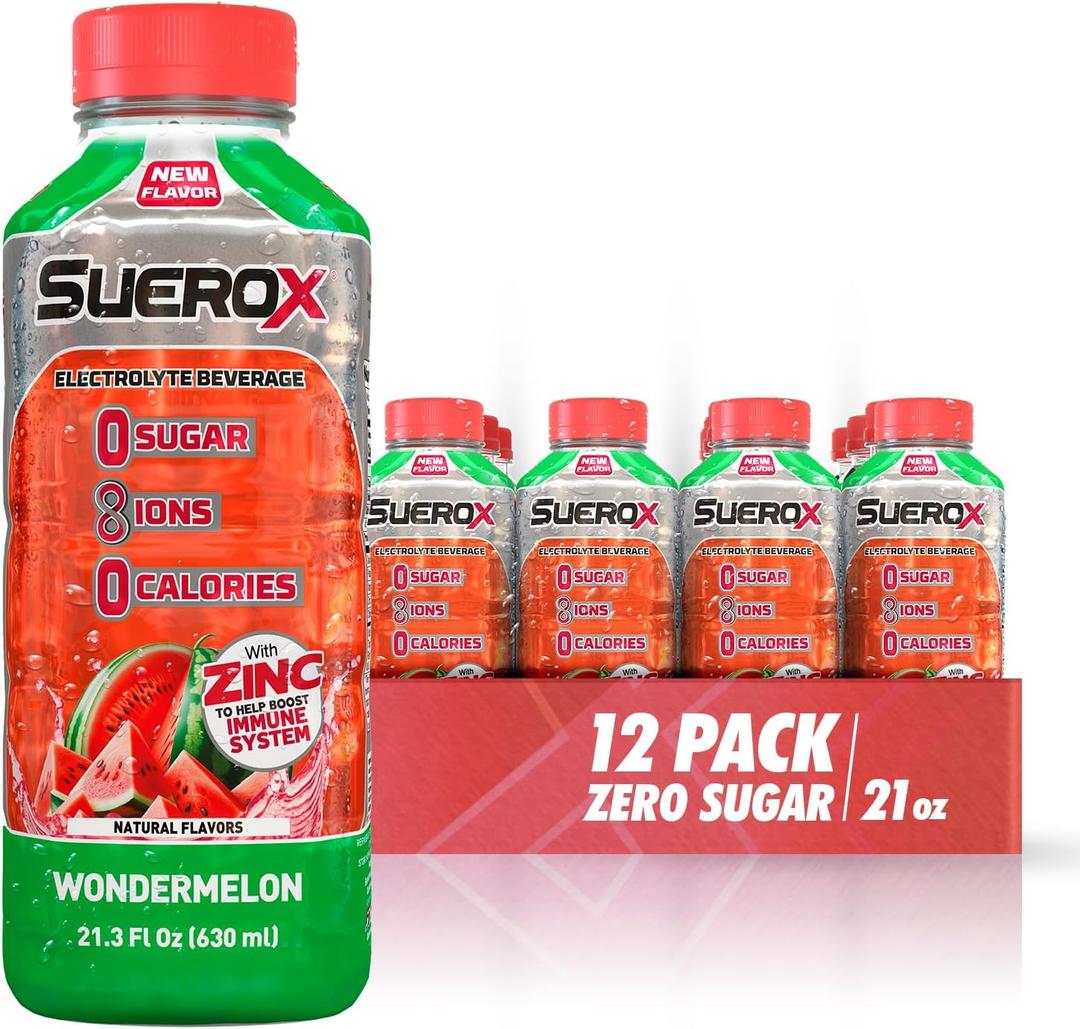 SueroX Sugar-Free Sports Drink for Hydration and Recovery, Electrolyte Hydration Drink with 8 Ions, Zero Calorie Sports Drinks, Wondermelon (Watermelon) flavor, 21.3 Fl Oz, 12 Count, Best By 12, 2026