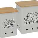 Gdfjiy Kitchen Vegetable Storage Tins Set of 2 for Potatoes, Onion, with wooden lid Garlic Bin Caddy, Long Shelf Life-white