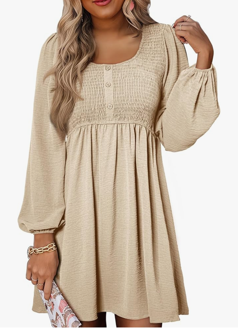 Dokotoo Womens 2025 Casual Dress Smocked Crewneck Button Up Long Sleeve Empire Waist A-Line Mini Dress Large