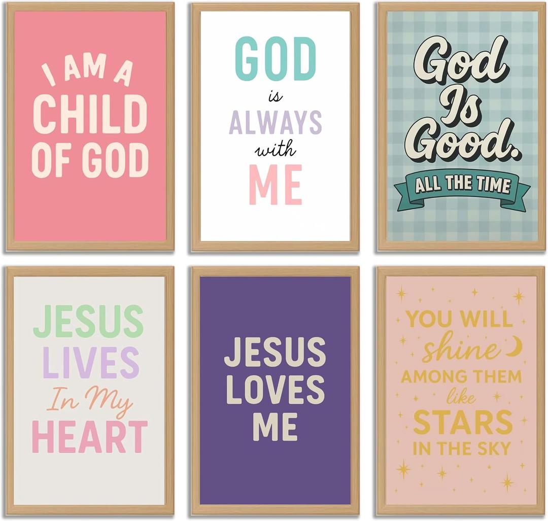 6Pcs Kids Bible Verse Wall Art Girls room Pictures Wall Decor Inspirational Christian Posters Prints Artwork for Living Room Bedroom nursery Home Decoration 12x16in Unframed