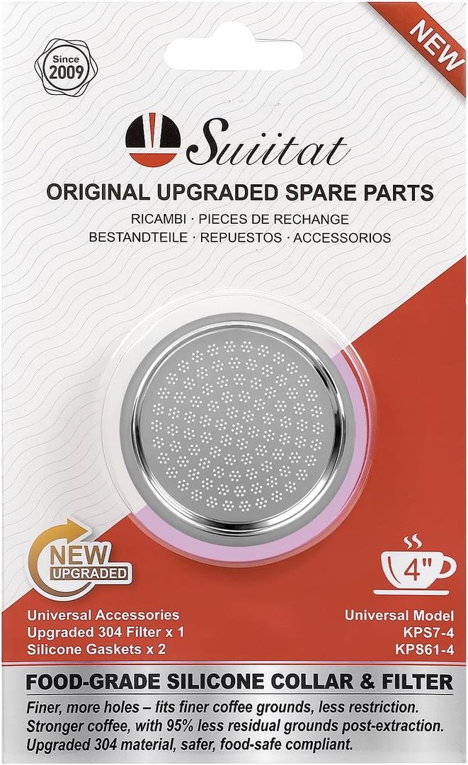Moka Pot Replacement Parts, KPS-SR Moka Express 4 Cup Upgraded Replacement Filter and 2 Silicone Gaskets for Moka Pots, Compatible with KPS7-4, KPS61-4