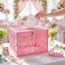 Pink Wedding Card Box with Lock, PVC Gift Card Box for Wedding Reception Decorations, Exquisite DIY Money Envelope Card Box for Party Graduation Birthday Baby Shower Wedding Decor