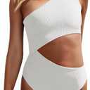 Women's One Piece Ribbed Swimsuit One Shoulder Cutout Swimwear Sexy Bathing Suit (Medium, White)