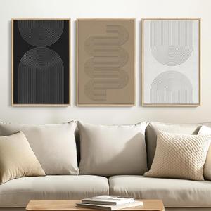 Framed Black and White Brown Abstract Wall Art, 3 Piece Boho Geometric Canvas Prints Paintings Artwork for Walls, Modern Minimalist Neutral Pictures for Living Room Dining Room Bedroom Wall Decor 16x24 In (Boundless Lines)