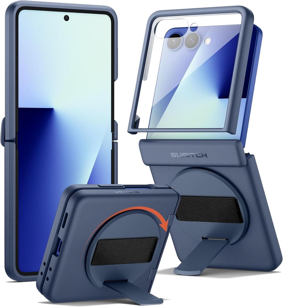 SURITCH for Samsung Galaxy Z Flip7 Case with 360 Rotatable Hand Strap Phone Grip Holder & Invisible Kickstand & Screen Protector, Protective Cover for Flip 7 -Dark Blue