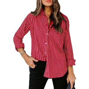 siliteelon Womens Button Down Shirts Cotton Striped Dress Shirt Long Sleeve Collared Office Work Blouses Tops (Red, L)
