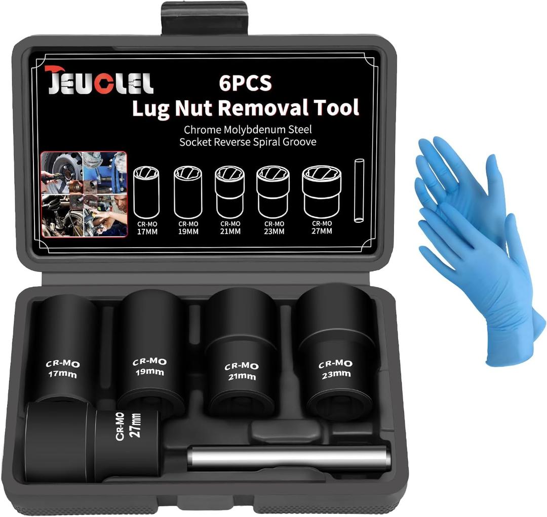 6PCS Twist Lug Nut Socket Set - 1/2 inch Drive Damaged Nut Lock Remover Extractor - Rusted & Stubborn Locking Nut Removal Tool Kit with 17mm 19mm 21mm 23mm 27mm Sockets & Center Punch Bar