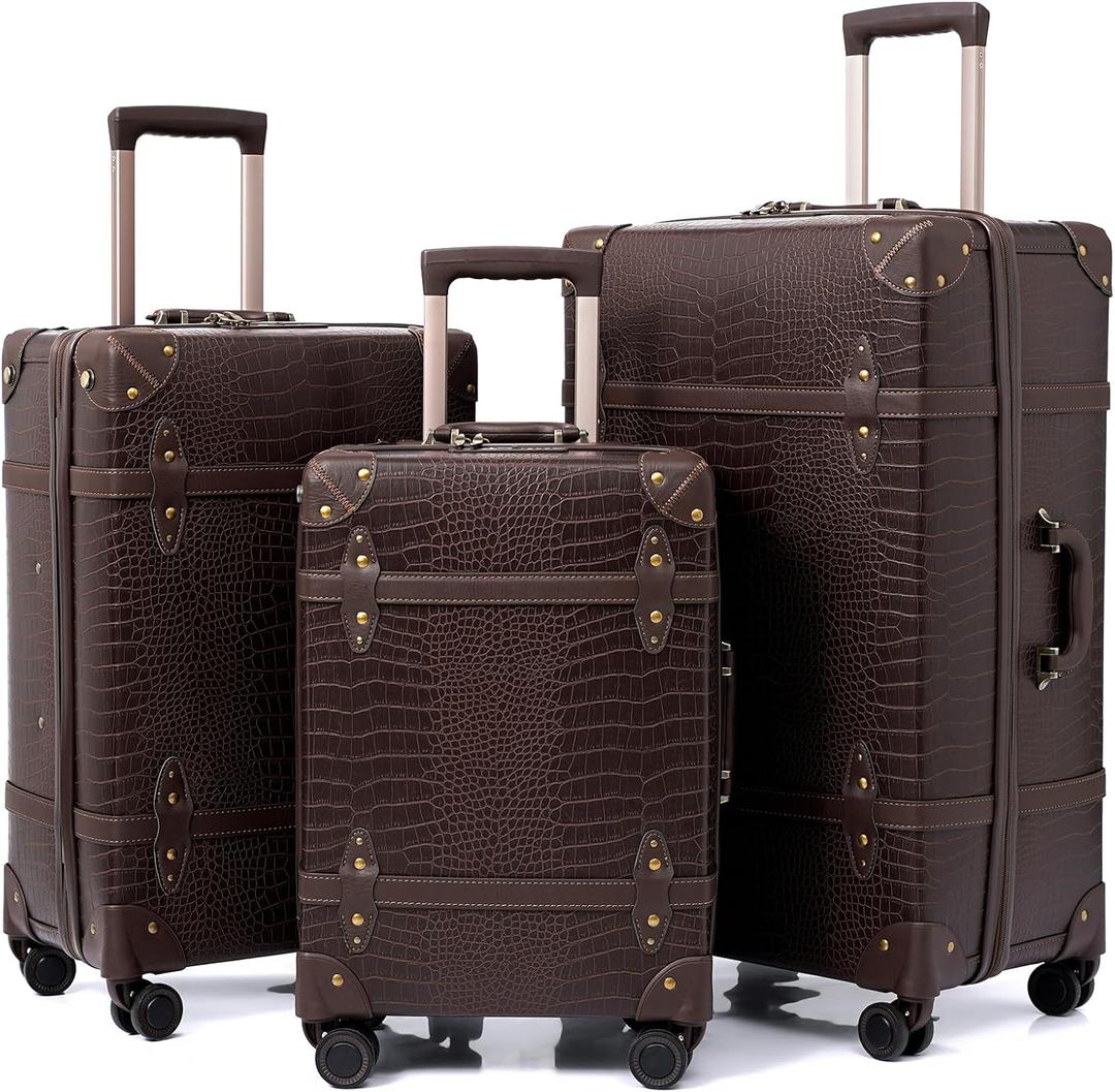 NZBZ Vintage Luggage Sets for Women, PU Leather Retro Suitcase, Vintage Trunk Luggage, Vintage Suitcase Set, TWO COLOURS RANDOMLY SHIPPED (Black or Brown, 20inch & 24inch & 28inch)