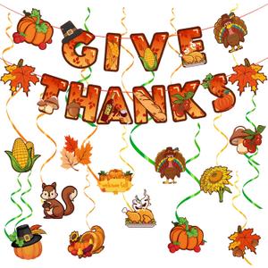 2 x Thanksgiving Decorations Hanging Swirl Pendant & Hanging Give Thanks Banner for Indoor Home Fall Party Decorations Thanksgiving Decor Office Classroom School Decor