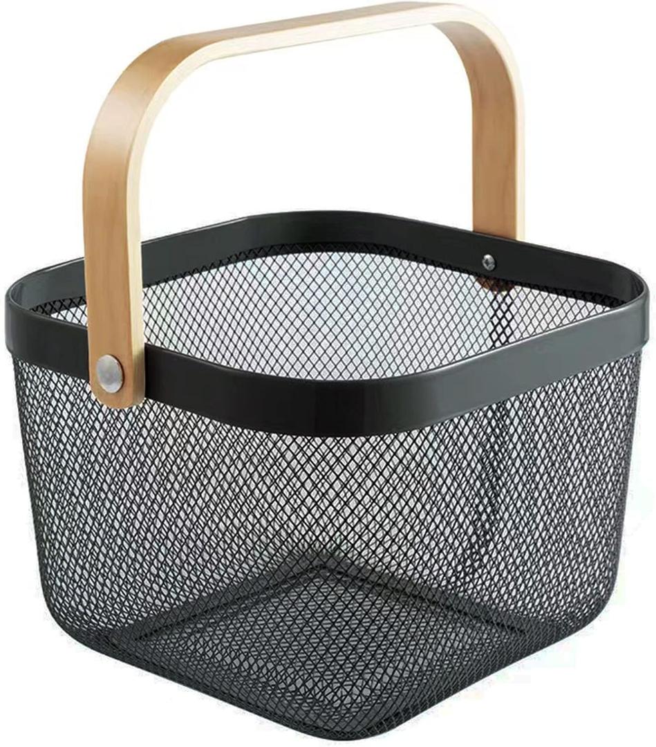 AJIODA Metal Mesh Steel Basket, Storage Organizer Basket Multi-functional Hanging Kitchen Baskets Fruit Basket Bin with Bamboo Handle for Kitchen Bathroom Picnic Shopping Decor Cabinet Home, Black