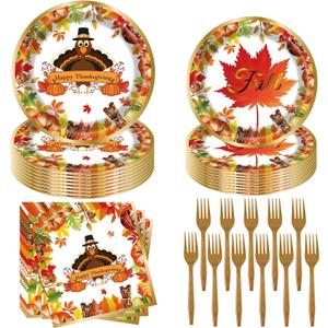 Fall Thanksgiving Party Supplies 96 Pcs Thanksgiving Paper Plates and Napkins Forks Pumpkin Turkey Autumn Disposable Tableware Set for Fall Harvest Party Decorations