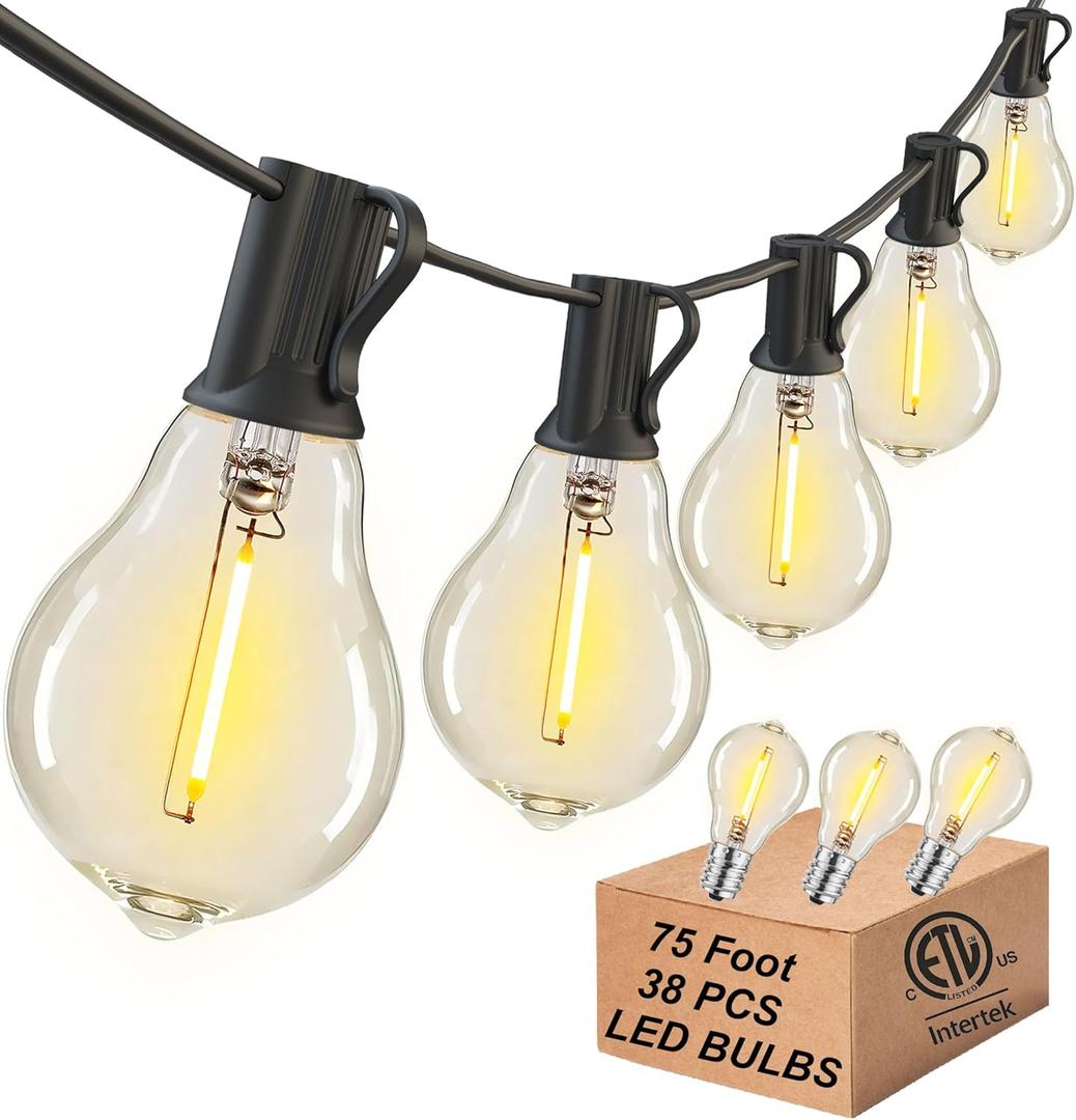 DAMAING Outdoor string lights 75FT Waterproof patio string lights with 38 Shatterproof Dimmable A39 LED Bulbs, 2FT bulbs apart Connectable Outdoor Lighting for Backyard Garden Bistro and Balcony 2200K