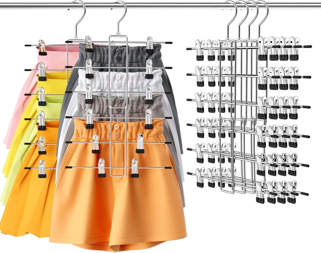 4 Pack Pants & Skirt Hangers Space Saving Hanging Closet Organizer and Storage, Upgrade Skirt Hangers with Clips and 360 Swivel Hook, Closet Storage