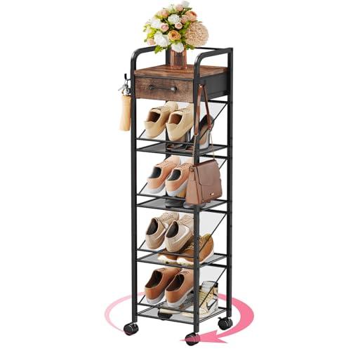 SWTYMIKI Rolling Vertical Shoe Rack - Shoe Tower with Drawer and Hooks, Shoe Storage Organizer for Entryway Closet Bedroom, Space-Saving Wood and Metal Narrow Shoe Shelf, Espresso