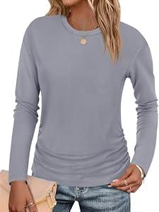 Tankaneo Womens T-Shirts Summer Long Sleeve 2025 Crew Neck Blouse Dressy Casual Ruched Slim Fit Trendy Tops Gray, Small