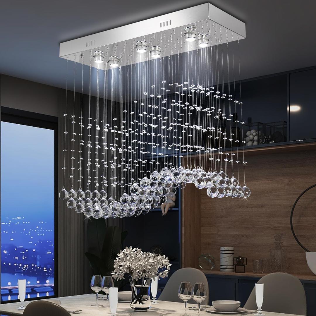 Finktonglan Crystal Chandelier for Kitchen Island, Modern Crystal Pendant Ceiling Light Fixture for Dining Room Linear Flush Mount Ceiling Lights, GU 10 Bulb, L31.5'' x H30.3'' (MP070-Chrome)