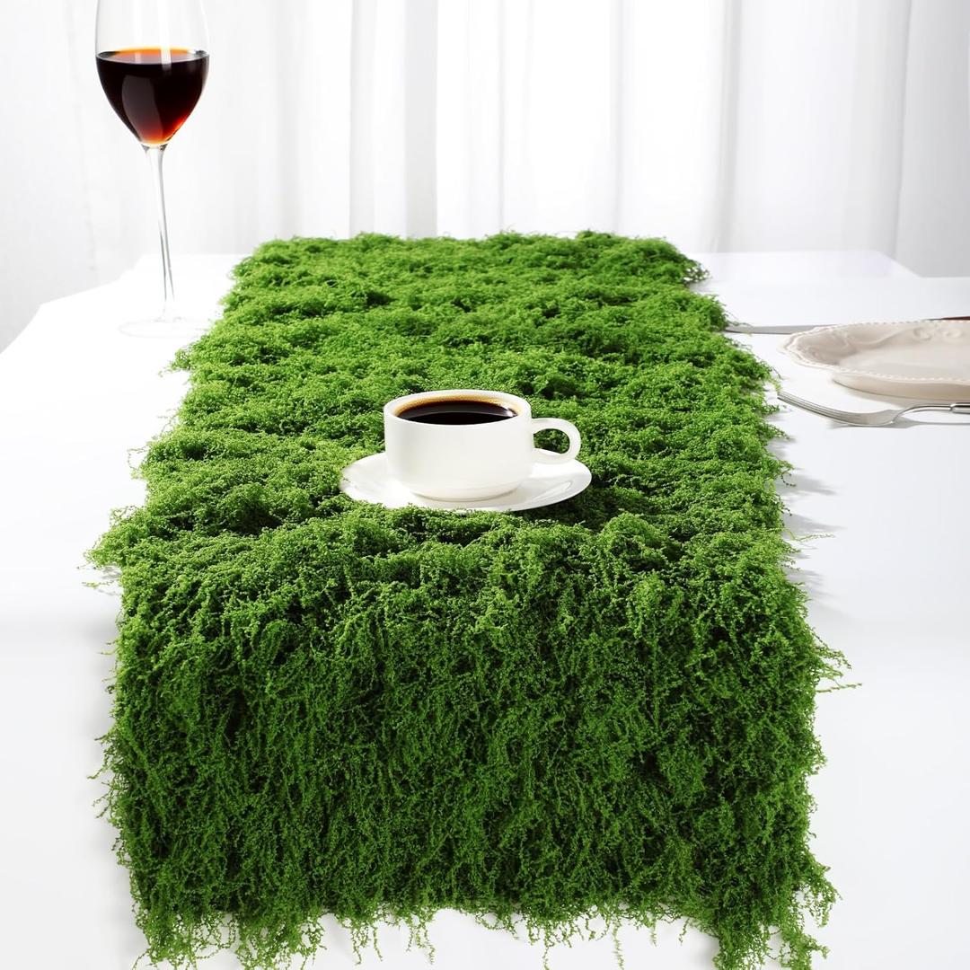 Zeyune 2 Pcs Fake Moss Table Runner for Crafts 12'' x 71'' Artificial Moss Sheet Roll Waterproof Carpet Blanket for Wall Roof Garden Wedding Birthday Party Table Decoration (Green)
