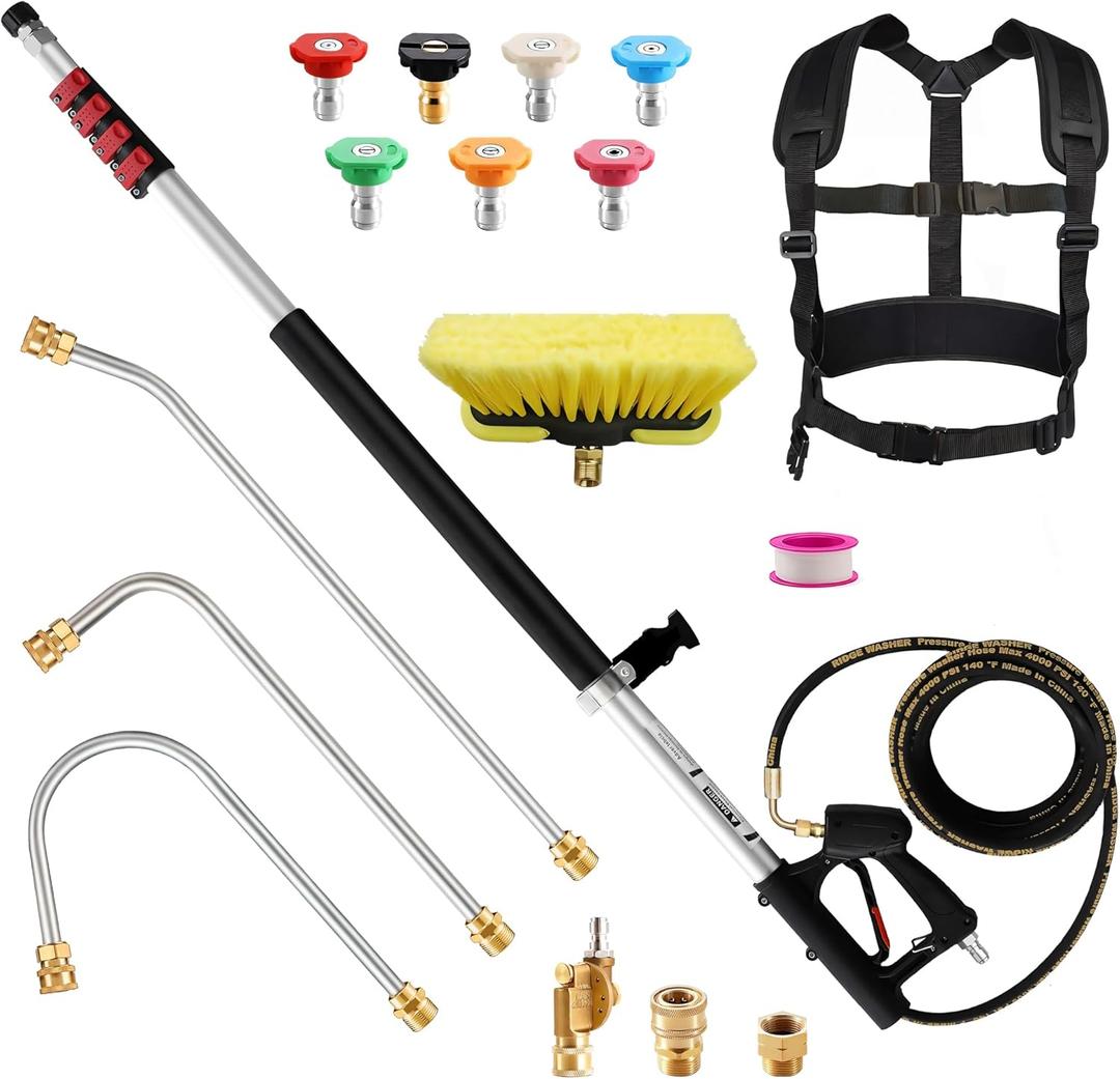 Telescoping Pressure Washer Wand 24 ft Power Washer Extension Wand Aluminum Pressure Washer Extension Wand 24 Feet with Brush Head, Gutter Cleaner, 7 Spray Nozzle Tips, 2 Hose Adapters, Support Belt
