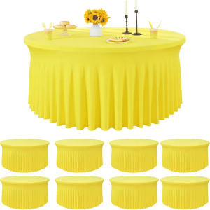 8 Pack Yellow Spandex Round Tablecloths for 60 inch Table, Wrinkle Free Stretchy 120inch Fitted 5FT Round Table Cover with Skirt for Wedding Party Dining Banquet