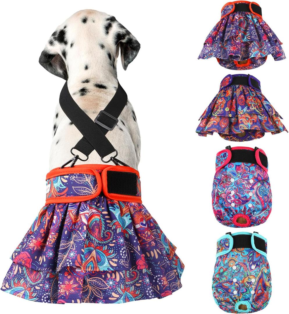 Washable Female Dog Diapers (4 Pack+1 Suspenders), Reusable Female Girl Doggy Doggie Puppy Wraps Panties Belly Band for Pet Heat Period Pooping Peeing Potty Training Incontinence Marking, Large