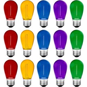 Meconard 15Pack S14 Colored LED String Light Bulbs,1 Watt Plastic Shatterproof Waterproof Outdoor Indoor Replacement Bulbs for Home Decor, E26 Medium Base, Multi-Color: Red/Green/Blue/Orange/Purple
