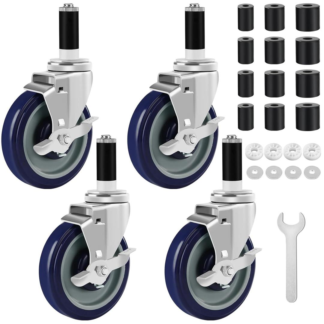 5 Inches Prep Table Wheels Set of 4, Expanding Stem Casters Fit for 7/8", 1", 1-1/2" and 1-5/8" Tube Leg for Stainless Steel Table, Cart, Furniture Legs, Commercial Kitchen Appliances