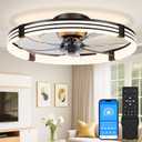 VOLISUN Low Profile Ceiling Fans with Lights and Remote, 24in Flush Mount Ceiling Fan with Light, 3000K-6500K Dimmable Fandelier LED Fan Light, Black Bladeless Ceiling Fans with Lights for Bedroom