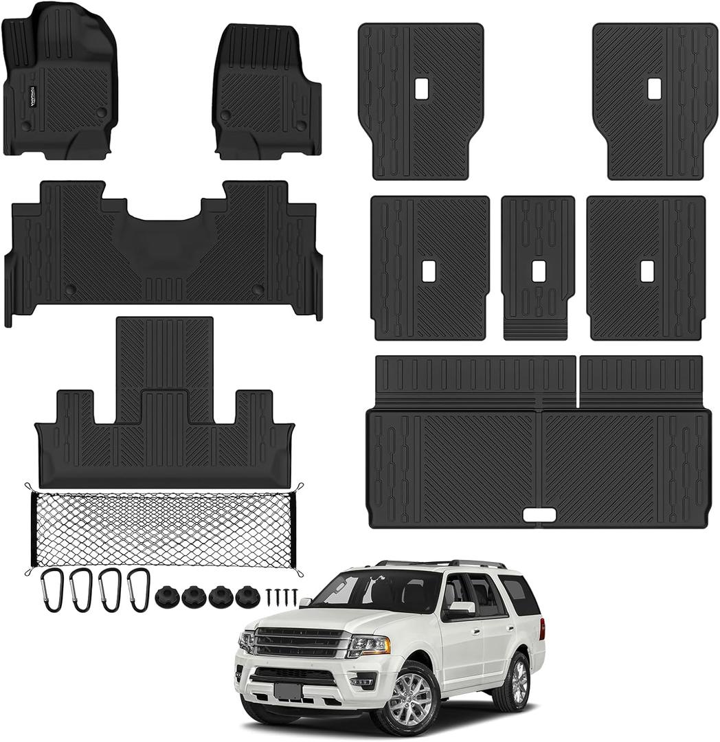 Tongama-Floor Mats for 2025 2026 Ford Expedition 7 Seats with 2nd Row Bucket Seats, All Weather TPE Trunk Mat and 2nd & 3rd Backrest Mats Protectors and Cargo Net for Ford Expedition Accessories