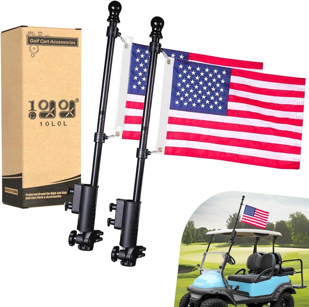 10L0L Golf Cart Flag Holder 2 Pack, Flag Pole Kit for Yamaha Club Car DS/Precedent and EZGO TXT/RXV Golf Cart, 2  Embroidered USA Flags (12"18") Included