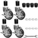 MySit 4 Inches Prep Table Wheels 4 Pack, Expanding Stem Casters with Side Brake Fit 1-1/ 2", 1-5/ 8", 1-3/ 4", 1-7/ 8"ID Tube Pipe Legs for Stainless Steel Kitchen Cart, Wire Shelving Racks