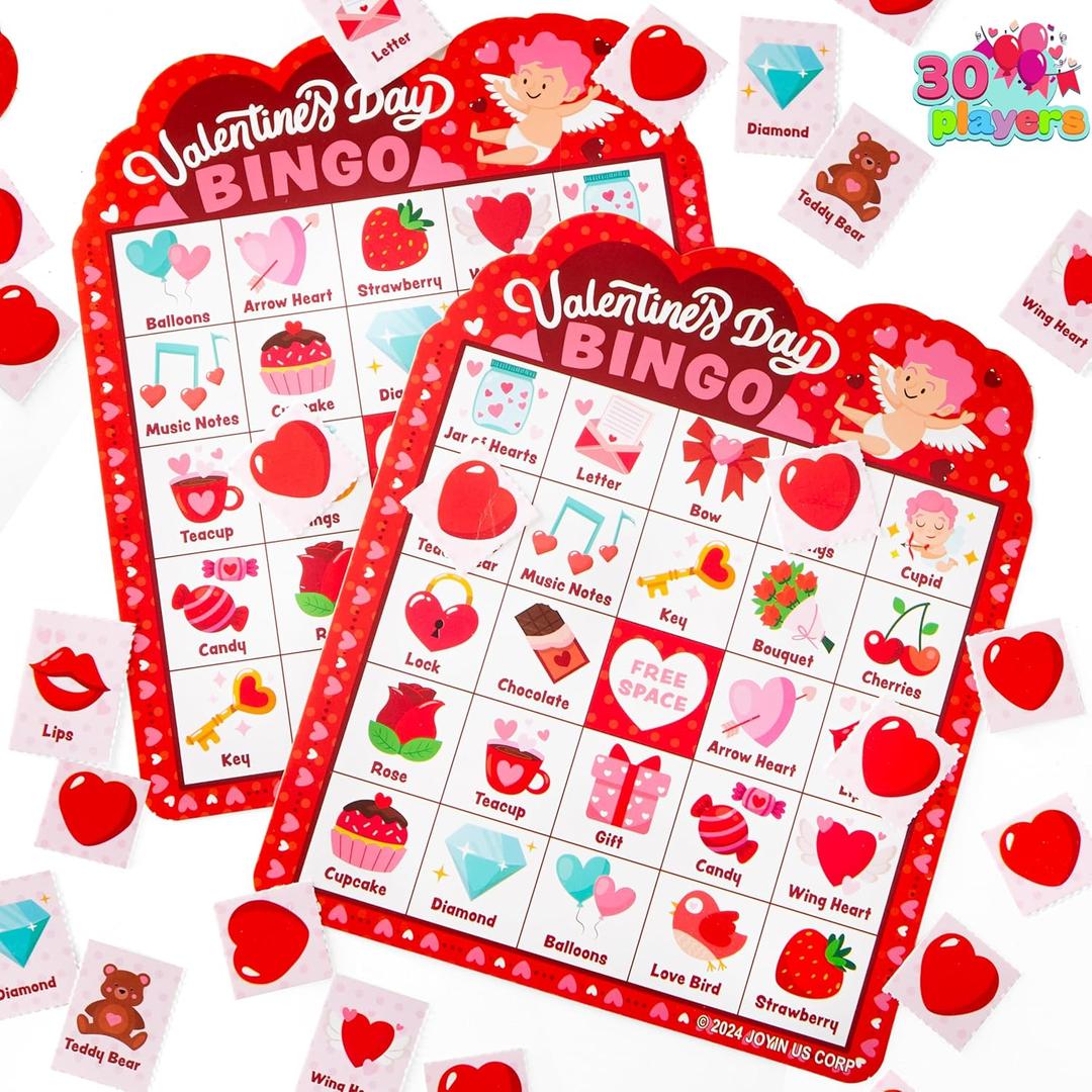 JOYIN 30 Players Valentines Day Bingo Cards (5x5) for Kids School Classroom Exchange Gift Rewards, Party Games, Indoor Family Activities