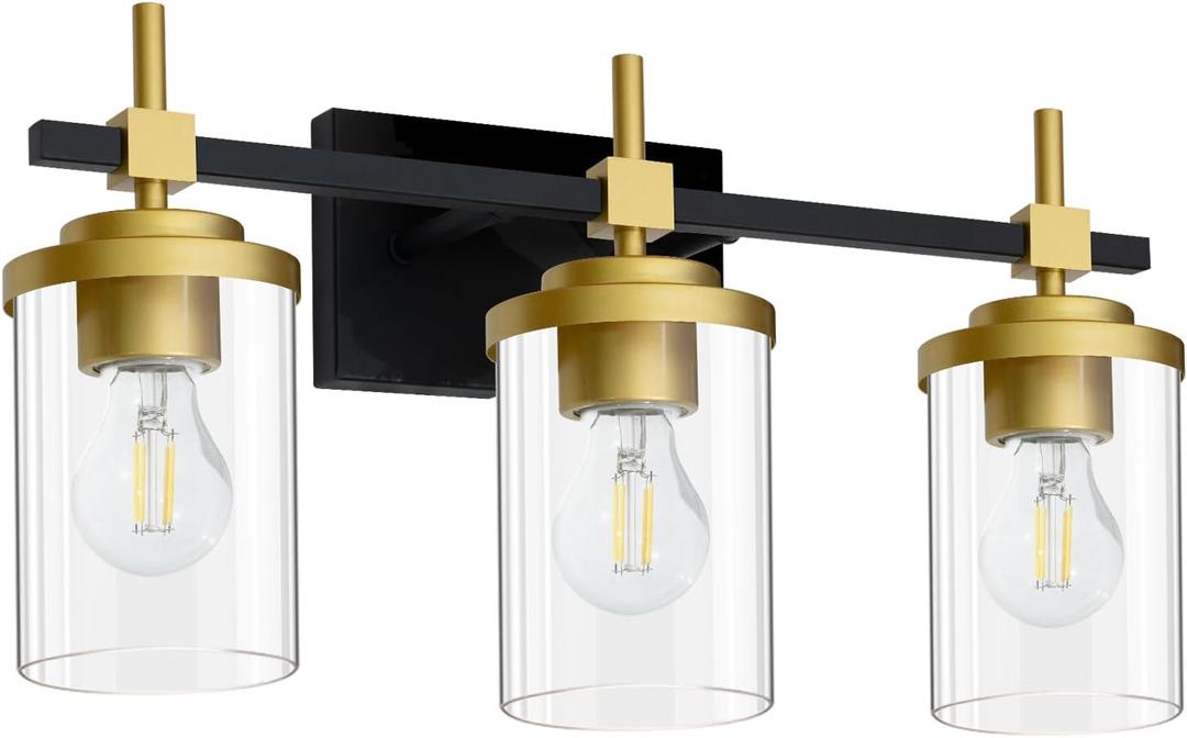 Bathroom Vanity Light,Modern Wall Sconce with Clear Glass Shade,Black & Gold Bathroom Light Fixtures Over Mirror for Bedroom Living Room Hallway Kitchen,E26 Socket (Bulb Excluded) (3 Lights), 22-inch