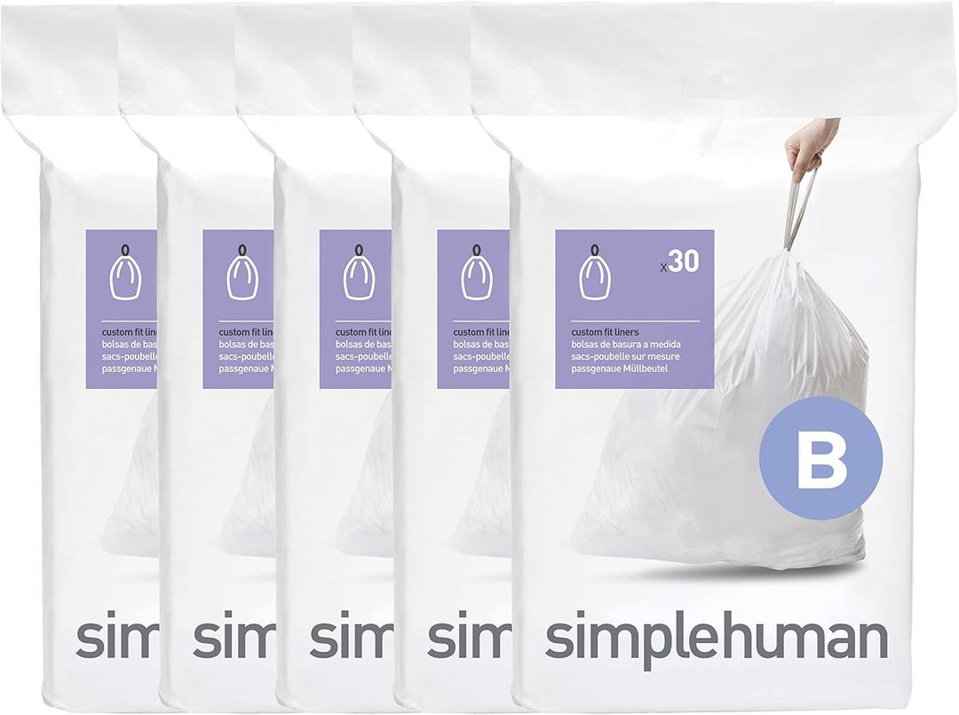 simplehuman Code B 150 Count, Dispenser Packs Custom Fit Liners, Drawstring Trash Bags, 6 Liter / 1.6 Gallon, White simplehuman Code B 150 Count, Dispenser Packs Custom Fit Liners, Drawstring Trash Bags, 6 Liter / 1.6 Gallon, White