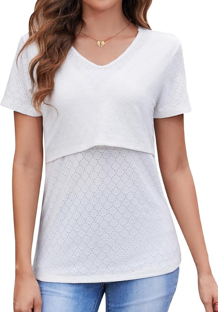 Sosolism V Neck Breastfeeding Shirts Short Sleeve Breathable Nursing Tops Summer Pumping Tshirt for Women (Pink, L)