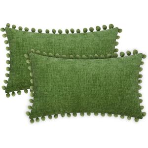 CaliTime Throw Pillow Covers Decorative 20 X 12 Inches Pack of 2 Cozy Solid Dyed Soft Chenille Cushion Cases with Pom Poms for Couch Sofa Bed Living Room Home Forest Green