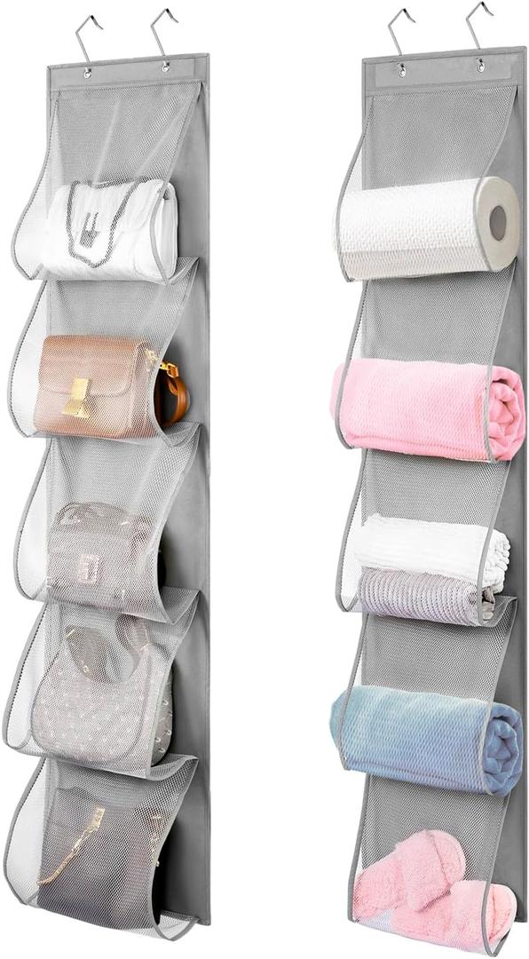 2 Pack Over the Door Hanging Vinyl Organizer Embroidery Stabilizer Holder Purse Storage for Closet Bath Towel Hanger Scarf Container 5 Large Pockets (One Side)